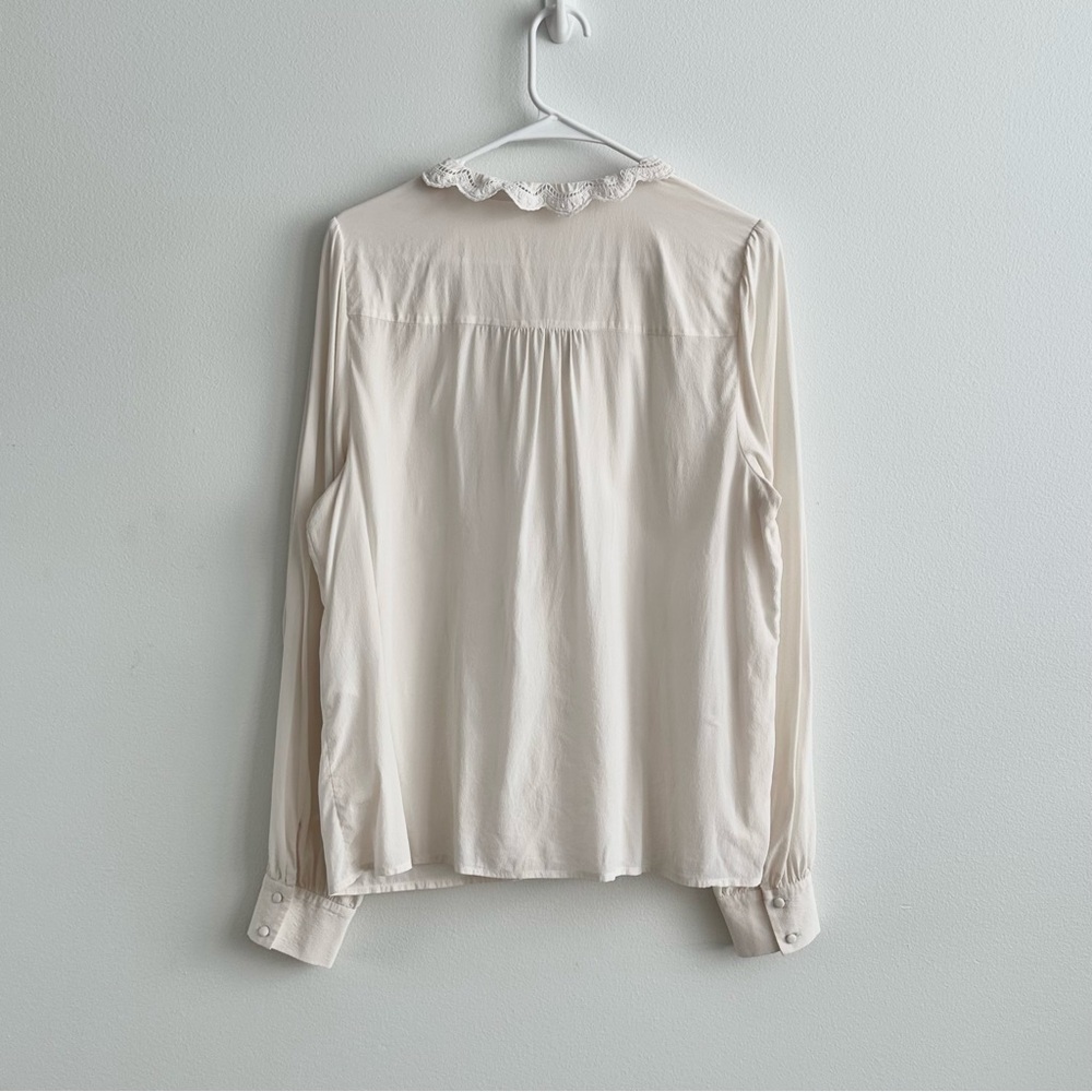 Sézane Chlo Ecru Silk Lace Trim Ruffle Collar Long Sleeve Blouse Size 42 - Picture 3 of 8